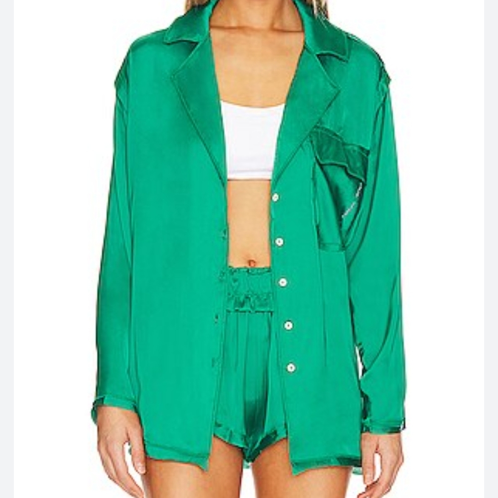 Vibrant Green Satin Shirt and Shorts Set